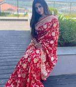 red silk blend banarasi saree with unstitched blouse piece