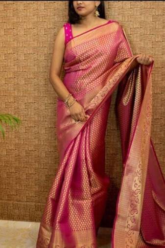 pink soft art silk banarasi jacuard work designer party wear saree with unstitched blouse piece