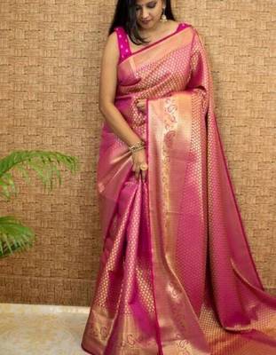 pink silk blend banarasi saree with unstitched blouse piece 2