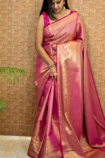pink silk blend banarasi saree with unstitched blouse piece