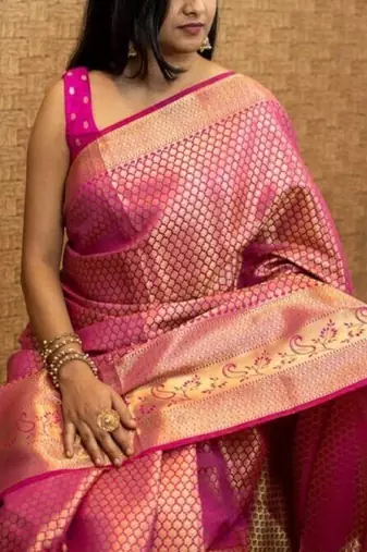pink silk blend banarasi saree with unstitched blouse piece