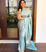 sky blue soft art silk banarasi jacuard work designer party wear saree with unstitched blouse piece