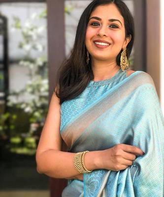 sky blue silk blend saree with unstitched blouse piece 3