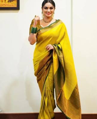 yellow silk blend banarasi saree with unstitched blouse piece 2
