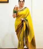 yellow soft art silk banarasi jacuard work designer party wear saree with unstitched blouse piece