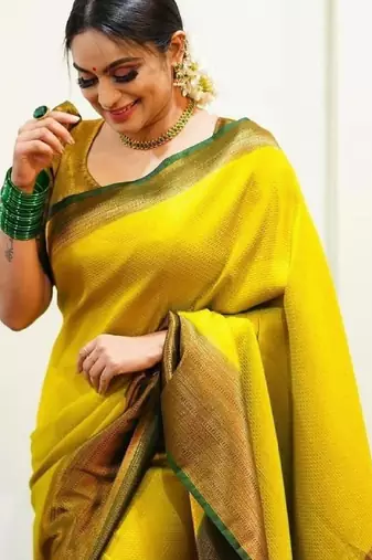 yellow soft art silk banarasi jacuard work designer party wear saree with unstitched blouse piece