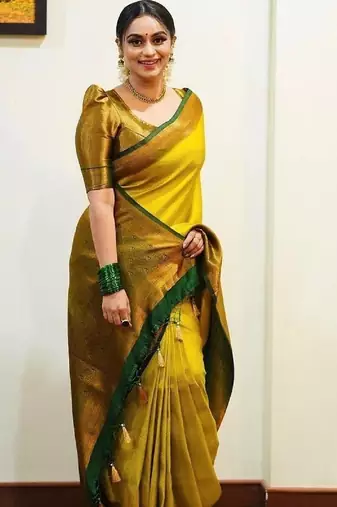 yellow silk blend banarasi saree with unstitched blouse piece