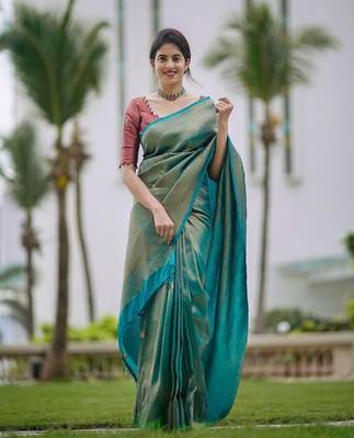 sky blue purple silk blend banarasi saree with unstitched blouse piece 2