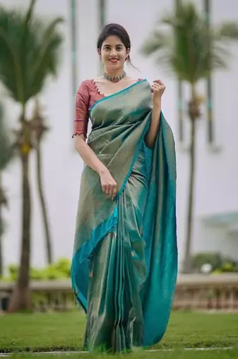 sky blue purple silk blend banarasi saree with unstitched blouse piece