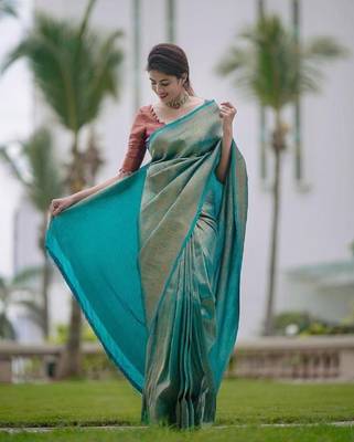sky blue purple silk blend banarasi saree with unstitched blouse piece 3