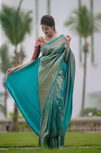 sky blue purple silk blend banarasi saree with unstitched blouse piece