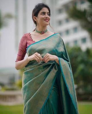 sky blue purple silk blend banarasi saree with unstitched blouse piece 4