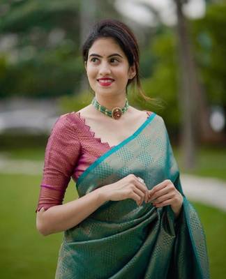 sky blue purple silk blend banarasi saree with unstitched blouse piece 1