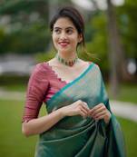 sky blue purple silk blend banarasi saree with unstitched blouse piece