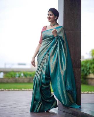sky blue purple silk blend banarasi saree with unstitched blouse piece 5