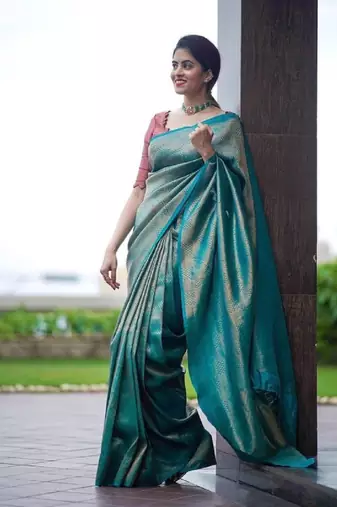 sky blue purple silk blend banarasi saree with unstitched blouse piece