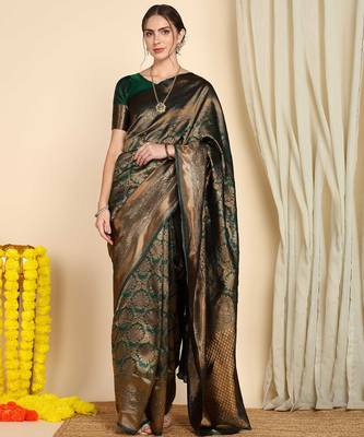 green silk blend banarasi saree with unstitched blouse piece 2