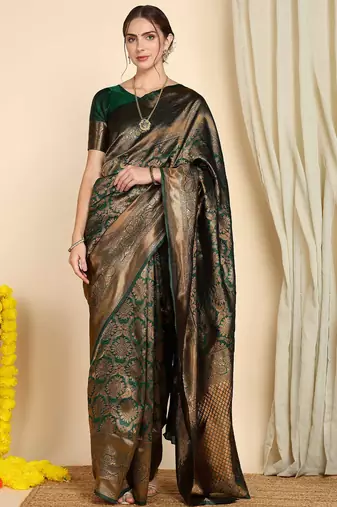 green soft art silk banarasi jacuard work designer party wear saree with unstitched blouse piece