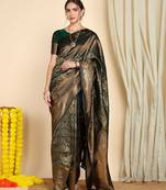 green soft art silk banarasi jacuard work designer party wear saree with unstitched blouse piece