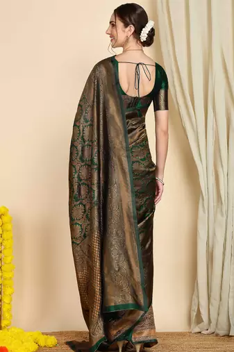 green silk blend banarasi saree with unstitched blouse piece