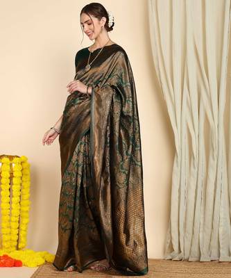 green silk blend banarasi saree with unstitched blouse piece 4