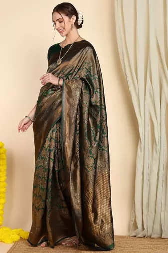 green silk blend banarasi saree with unstitched blouse piece