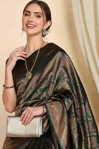green soft art silk banarasi jacuard work designer party wear saree with unstitched blouse piece
