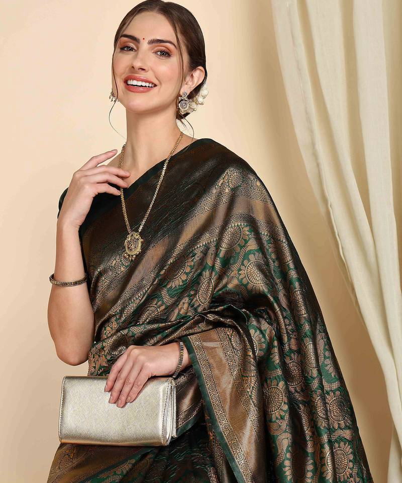 green soft art silk banarasi jacuard work designer party wear saree with unstitched blouse piece