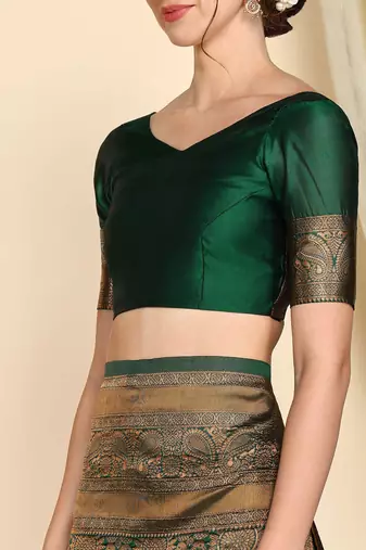 green silk blend banarasi saree with unstitched blouse piece