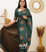green silk blend banarasi saree with unstitched blouse piece