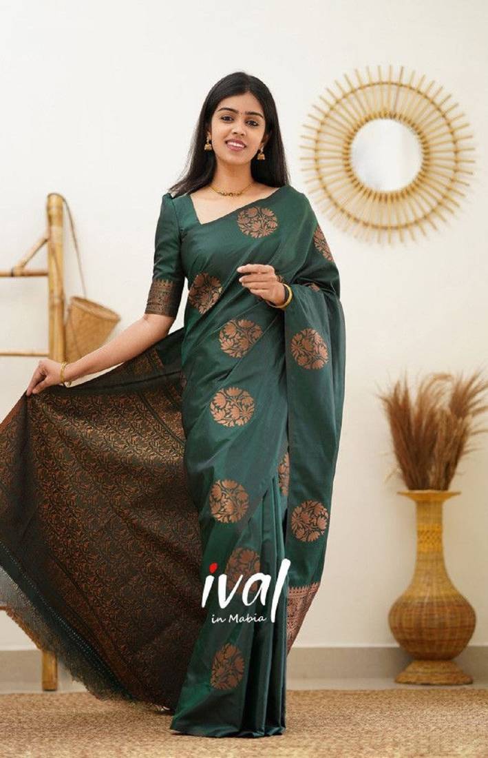 green soft art silk banarasi jacuard work designer party wear saree with unstitched blouse piece