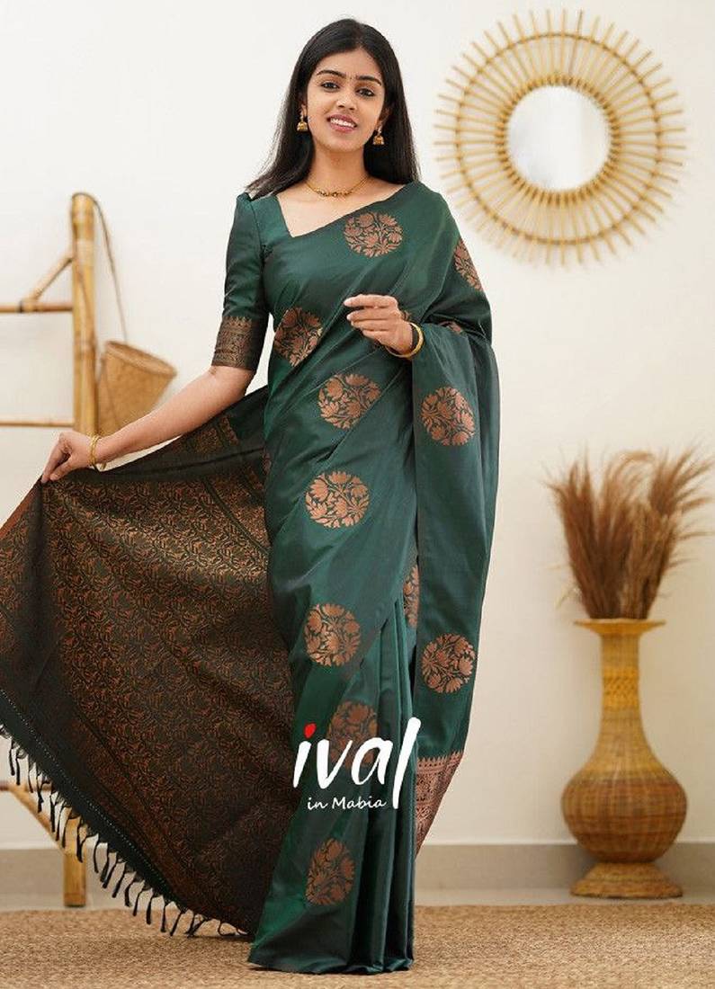 green soft art silk banarasi jacuard work designer party wear saree with unstitched blouse piece