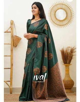 green silk blend banarasi saree with unstitched blouse piece 2