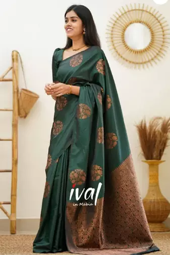green silk blend banarasi saree with unstitched blouse piece