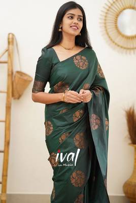 green silk blend banarasi saree with unstitched blouse piece 3