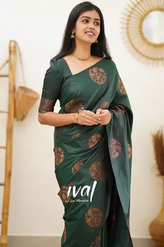 green silk blend banarasi saree with unstitched blouse piece