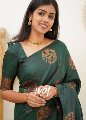 green silk blend banarasi saree with unstitched blouse piece 4