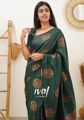 green silk blend banarasi saree with unstitched blouse piece 5
