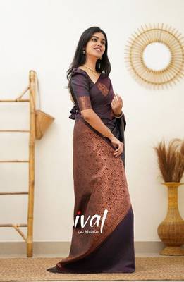 wine silk blend saree with banarasi jacquard zari  3