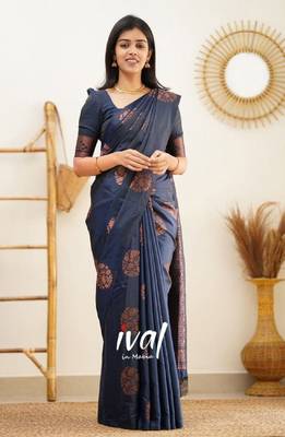 blue silk blend banarasi saree with unstitched blouse piece 1