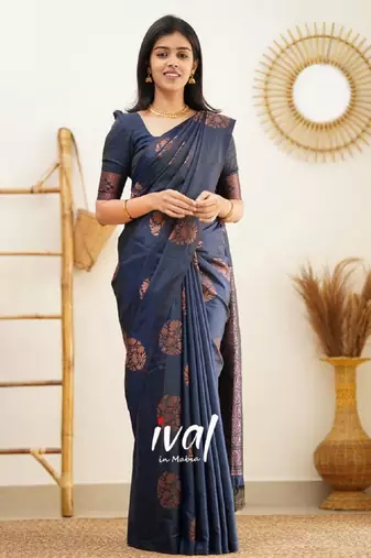 blue soft art silk banarasi jacuard work designer party wear saree with unstitched blouse piece