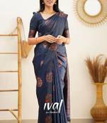 blue soft art silk banarasi jacuard work designer party wear saree with unstitched blouse piece