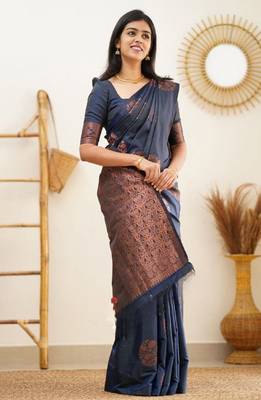 blue silk blend banarasi saree with unstitched blouse piece 2