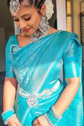 sky blue silk blend banarasi saree with unstitched blouse piece