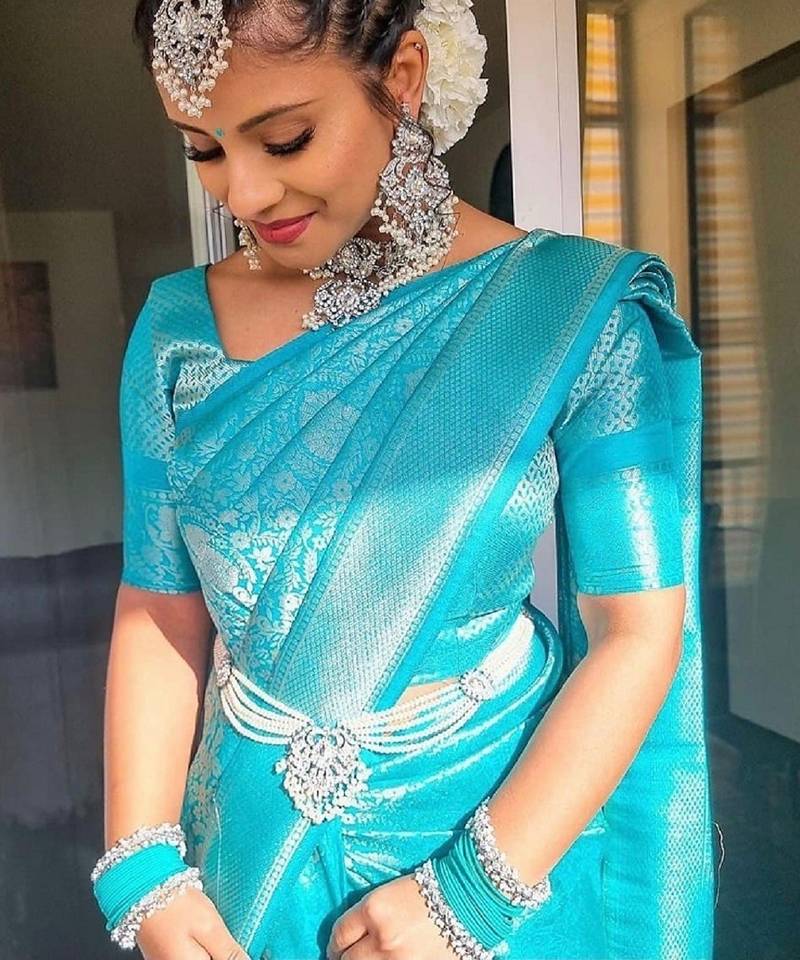 sky blue soft art silk banarasi jacuard work designer party wear saree with unstitched blouse piece