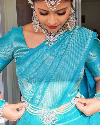 sky blue silk blend banarasi saree with unstitched blouse piece 3