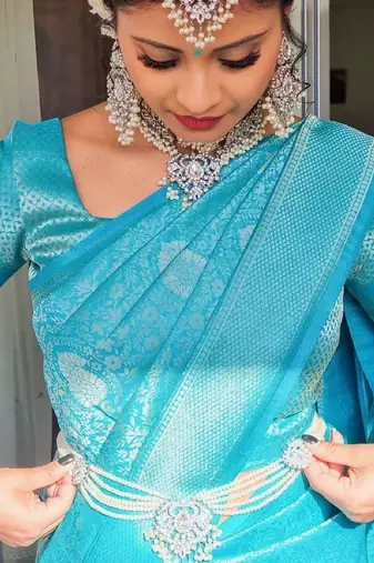 sky blue silk blend banarasi saree with unstitched blouse piece