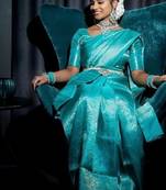 sky blue soft art silk banarasi jacuard work designer party wear saree with unstitched blouse piece