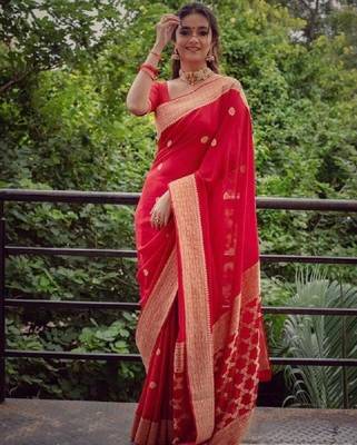 red silk blend banarasi saree with unstitched blouse piece 2
