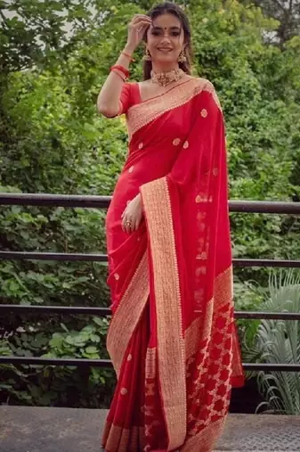 red soft art silk banarasi jacuard work designer party wear saree with unstitched blouse piece